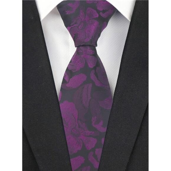 Men's Tie Cravat Jacquard Luxury Small Floral Pattern Wedding Plum Purple - Picture 2 of 7